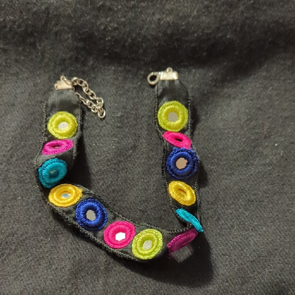 Y2K Black and Colorful Embroidered Mirrored Disc Statement Choker Necklace